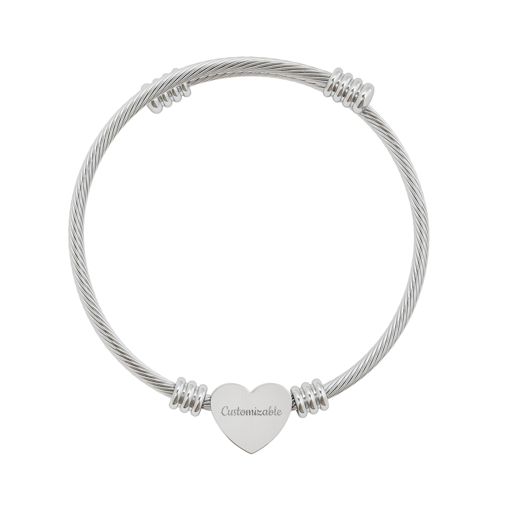 Engravable Heart Cuff Bracelet — Personalized Cable Wire Bangle